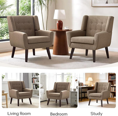 HUIMO Accent Chairs for Living Room,Linen Button-Tufted Upholstered Armchair with Wooden Legs,Comfy Mid Century Modern Chair for Bedroom Apartment Waiting Room Brown