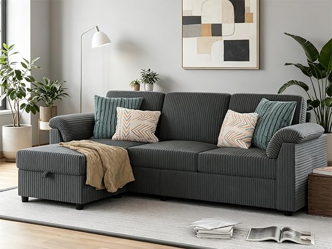 Vongrasig 79" Convertible Sectional Sofa Couch, 3 Seat L Shaped Sofa with Ottoman Corduroy Fabric Small Couch Mid Century for Living Room, Apartment and Office (Gray)