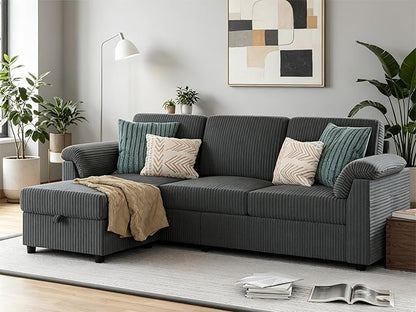 Vongrasig 79" Convertible Sectional Sofa Couch, 3 Seat L Shaped Sofa with Ottoman Corduroy Fabric Small Couch Mid Century for Living Room, Apartment and Office (Gray)