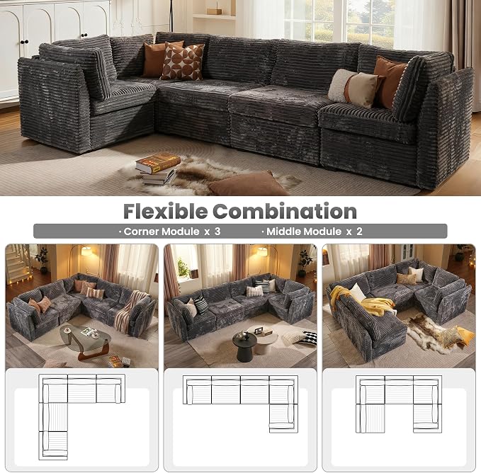 ovios Modular Sectional Sofa Couch with V-Shape Chaise Convertible, Comfy Plush Corduroy Cloud Couches, Modern Luxury Deep Seat Sofas Set for Living Room, 5-Seater, Grey
