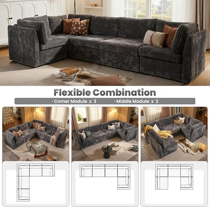 ovios Modular Sectional Sofa Couch with V-Shape Chaise Convertible, Comfy Plush Corduroy Cloud Couches, Modern Luxury Deep Seat Sofas Set for Living Room, 5-Seater, Grey