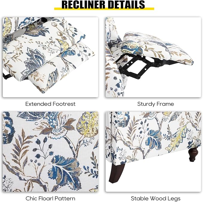 Upholstered Wingback Recliner Chair - Traditional Push Back Recliner Chair with Padded Seat, Fabric Floral Recliner Chair, Wingback Chair Small Recliners for Small Spaces