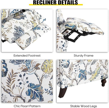 Upholstered Wingback Recliner Chair - Traditional Push Back Recliner Chair with Padded Seat, Fabric Floral Recliner Chair, Wingback Chair Small Recliners for Small Spaces
