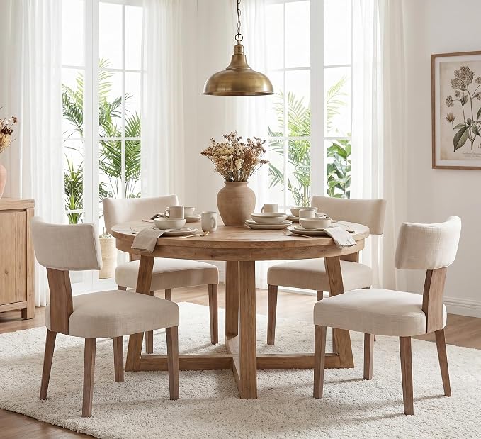 RIVOVA Mid Century Modern Dining Chairs Set of 6 Upholstered Linen Fabric Dining Chairs Curved Backrest Farmhouse Dining Room Chairs Kitchen Chairs with Wood Legs, Beige