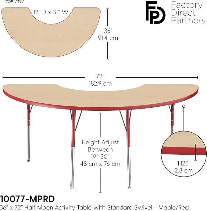 FDP Half Moon Activity School and Office Table (36 x 72 inch), Standard Legs with Swivel Glides for Collaborative Seating Environments, Adjustable Height 19-30 inches - Maple Top and Red Edge