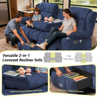 RV Loveseat Recliner Sofa, 3 Seater Reclining Sofa with Flip Back Console, Modern Reclining Couch with USB Ports, Cup Holders, Insert Pockets, RV Recliners for Travel Trailers & Living Room