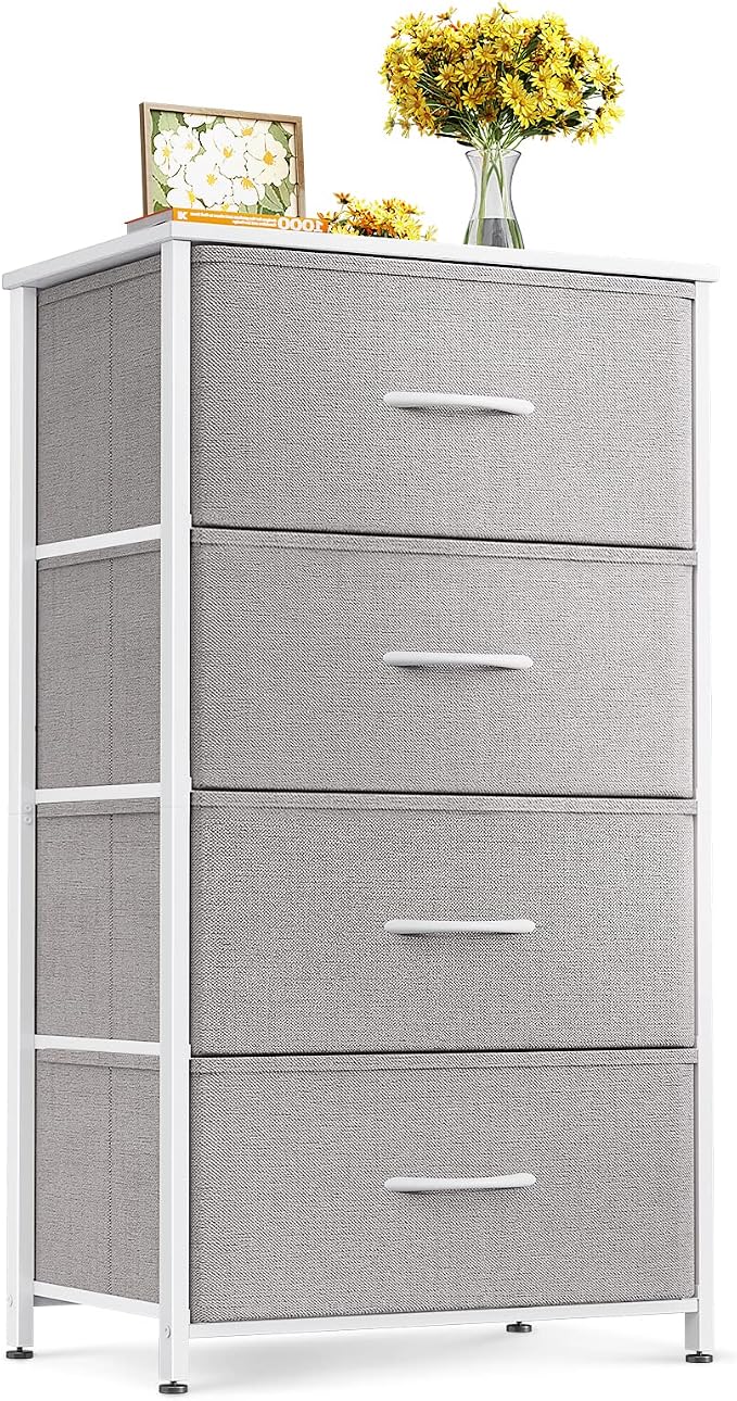 ODK Dresser for Bedroom with 4 Storage Drawers, Small Dresser Chest of Fabric Drawers with Sturdy Steel Frame, Wood Top, Light Grey