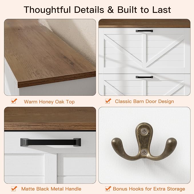 Nicetree Shaker Barn Door Shoe Cabinet - 3 Flip Drawers & 3 Adjustable Shelves, 9.1" Ultra Slim Freestanding, Contemporary Rustic Brushed White Farmhouse Shoe Rack for Entryway, Hallway, Foyer