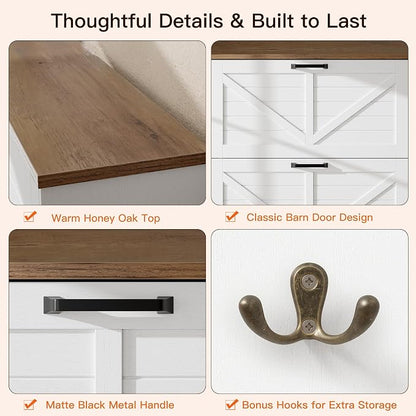 Nicetree Shaker Barn Door Shoe Cabinet - 3 Flip Drawers & 3 Adjustable Shelves, 9.1" Ultra Slim Freestanding, Contemporary Rustic Brushed White Farmhouse Shoe Rack for Entryway, Hallway, Foyer