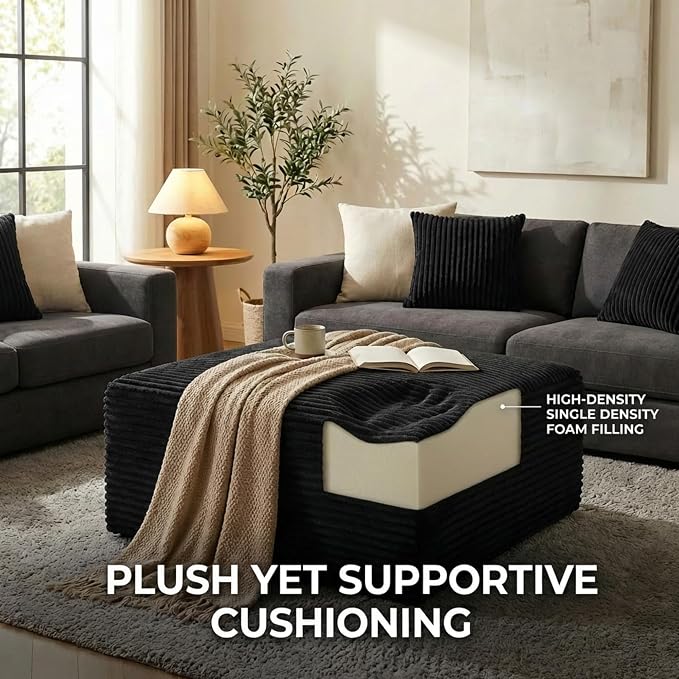 Oversized Boneless Ottoman for Living Room – Plush Square Corduroy Upholstered Couch Ottoman, Modern Low-Profile Footrest for Sectional & Modular Sofa-Black