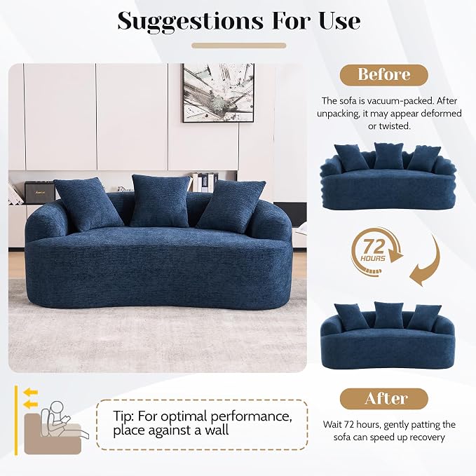 65" Curved Loveseat for Small Spaces,Boneless Loveseat Sofa,Wood Grain Chenille Fabric, No Installation Requirement, Curved Sofa Couch for Apartment,Living Room,Office (Blue, 65")