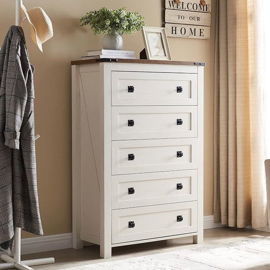 T4TREAM 48" Tall Farmhouse 5-Drawer Dresser for Bedroom, Antique White | Rustic chests of drawers, Wood Storage Cabinet, Metal Handle, Unique Corner Accent, Bedroom, Living Room, Hallway