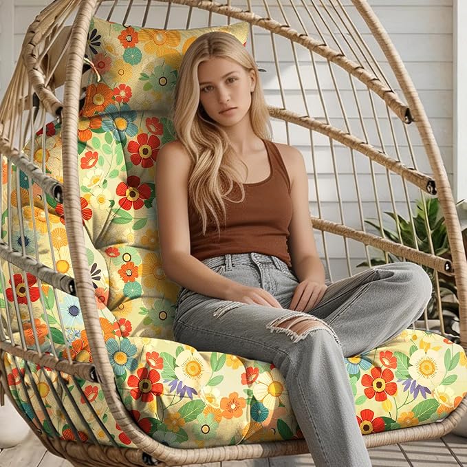 Outdoor Hanging Egg Chair Cushion Replacement, Thicken Egg Chair Cushion Waterproof Basket Eggs Chairs Cushion with Headrest Pillow, U-Shaped Cushions for Hanging Eggs Chairs Swing (Daisy)