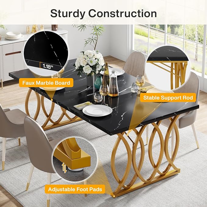 Tribesigns Modern Dining Table, 63" Large Kitchen Table for 4-6 People, Unique Rectangular Dinner Table Kitchen & Dining Room Furniture with Black Faux Marble Tabletop and Geometric Legs