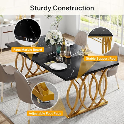 Tribesigns Modern Dining Table, 63" Large Kitchen Table for 4-6 People, Unique Rectangular Dinner Table Kitchen & Dining Room Furniture with Black Faux Marble Tabletop and Geometric Legs