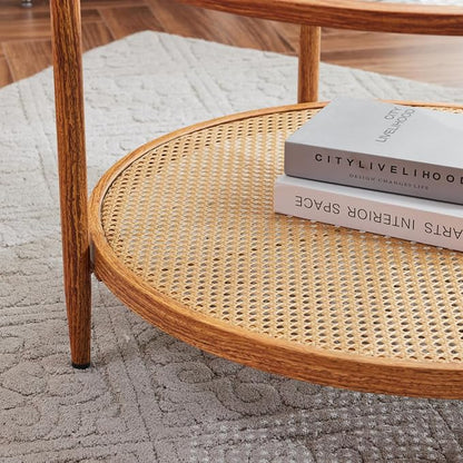 VINGLI 30" Rattan Coffee Table, Round Water-Wave Glass Metal Center Table, Modern Coffee Table with 2-Tier Storage, Farmhouse Circular Coffee Tables for Living Room and Small Space, Natural Vibe