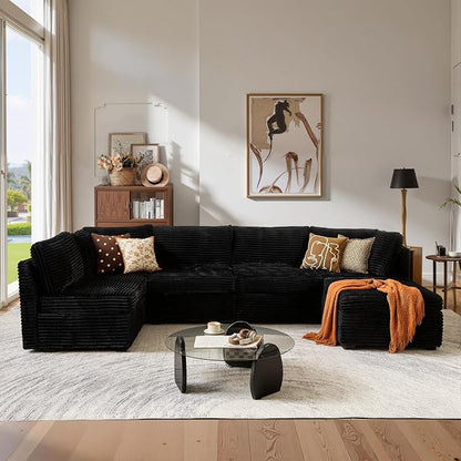 ovios Modular Sectional Sofa Couch with Sofa Bed L-Shape Chaise, Comfy Plush Corduroy Cloud Couches, Modern Luxury Deep Seat Sofas Set for Living Room, 6-Seater, Black
