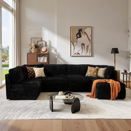 ovios Modular Sectional Sofa Couch with Sofa Bed L-Shape Chaise, Comfy Plush Corduroy Cloud Couches, Modern Luxury Deep Seat Sofas Set for Living Room, 6-Seater, Black