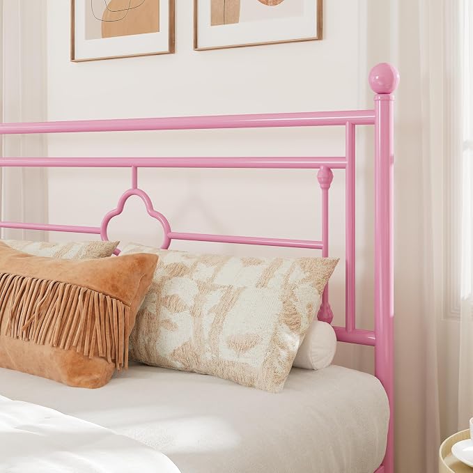 Allewie Full Size Metal Platform Bed Frame with Victorian Vintage Headboard and Footboard/Mattress Foundation/Under Bed Storage/No Box Spring Needed/Noise-Free/Easy Assembly, Pink
