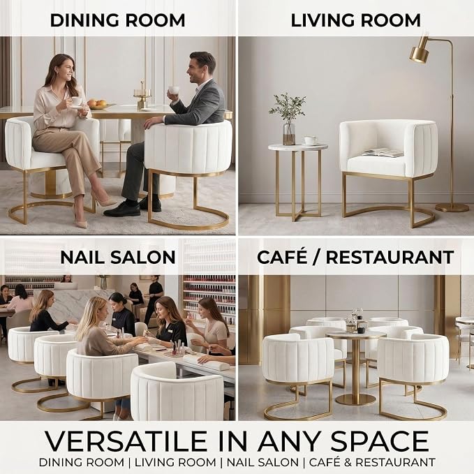 Hyfirm Beige and Gold Barrel Dining Chairs Set of 6, Modern Velvet Upholstered Accent Chairs with Curved Back for Kitchen Island, Luxury Comfort Seating Cantilever Metal Frame