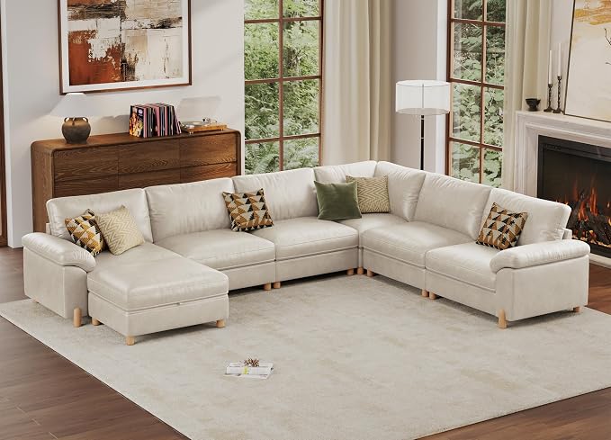 SITJOY Large Cloud Couch, 138" Wide 6 Seater U Shape, Faux Leather in White | Pet-Friendly Scratch-Resistant Leather Sectional Sofas for Living Room, Deep Seat Wide Couch with Chaise, Storage Ottoman