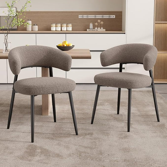 Dining Chairs Set of 2, Mid Century Modern Kitchen Chairs, Boucle Upholstered Dining Chair with Curved Backrest & Metal Legs for Kitchen Dining Room, Brown