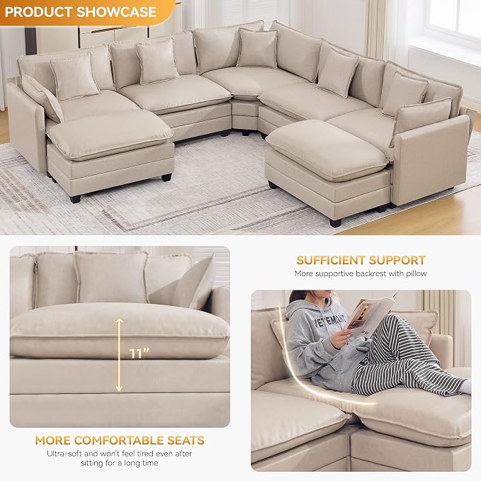 137'' V Shaped Cloud Sectional Sofa, Oversized Deep Seat Leather Couches for Living Room, Comfy Upholstered Modular Sectional Sofa Couch with 2 Movable Ottoman, Leather Beige