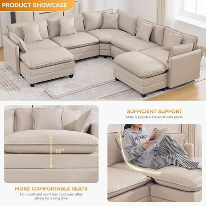 137'' V Shaped Cloud Sectional Sofa, Oversized Deep Seat Leather Couches for Living Room, Comfy Upholstered Modular Sectional Sofa Couch with 2 Movable Ottoman, Leather Beige