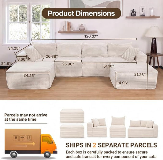 Claiks 120" Boneless Couch, Cloud Couch Sectional, U-Shape Corduroy Modular Sectional Sofa Deep Seat, Upholstered Couches for Living Room, No Assembly Required, Beige
