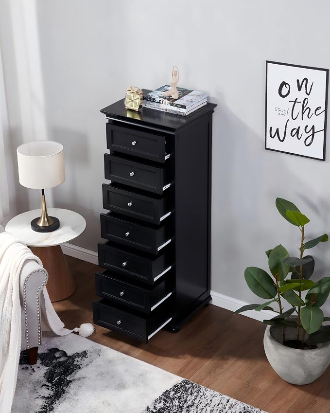 Tall Skinny Dresser for Bedroom with 7 Drawers, Black Narrow Wood Dresser | Tall Vertical Chest of Drawers Dresser for Closet Storage, Silent Glide System, Zinc Alloy Knobs, 20" W x 16.5" D x 52" H
