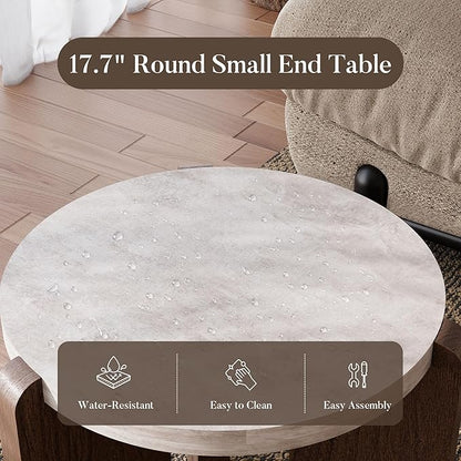 COSIEST Modern Round Coffee Table & 2 Side Tables Set, Faux Marble Wood Top, Walnut & Cream White Legs, Minimalist Living Room Center & Accent Tables(3 PCS)