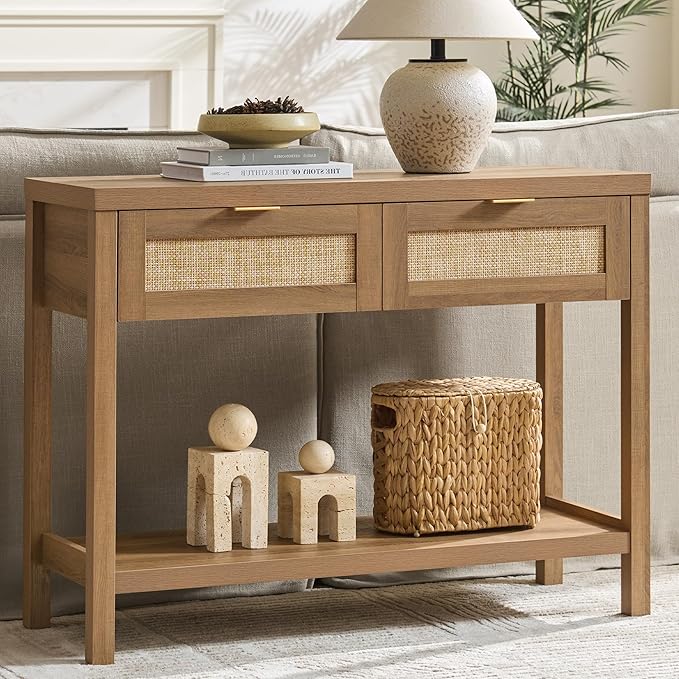 SICOTAS Console Table with Rattan Drawers - Boho Rattan Entryway Table with Storage, Small Console Tables for Entryway, Entry Tables for Hallway
