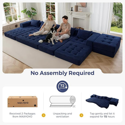 MAXYOYO Modular Sectional Sofa Couch, Foldable U Shaped Cloud Couch with Pillows, Tufted 6-Seat Boneless Lounger Floor Sofa Bed for Living Room, No Assembly Required, Navy