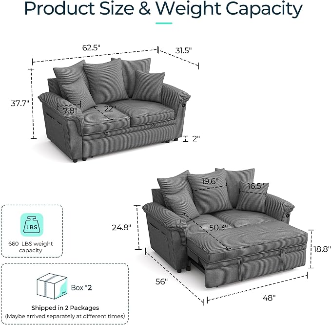 LINSY HOME Sectional Loveseat Sofa with Pull Out Chaise (Gray, 62.5'') | USB Charging