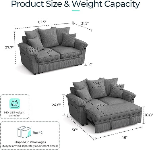 LINSY HOME Sectional Loveseat Sofa with Pull Out Chaise (Gray, 62.5'') | USB Charging