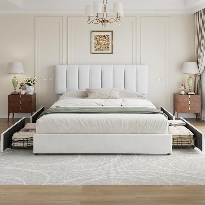 VECELO King Size Bed Frame with 4 Storage Drawers, Adjustable Height Headboard, Heavy-Duty Bedframe with Strong Wooden Slats, No Box Spring Needed, Pure White