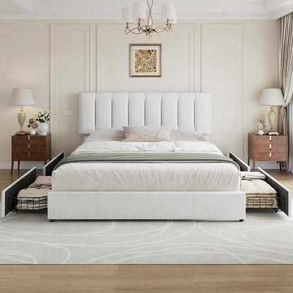 VECELO King Size Bed Frame with 4 Storage Drawers, Adjustable Height Headboard, Heavy-Duty Bedframe with Strong Wooden Slats, No Box Spring Needed, Pure White