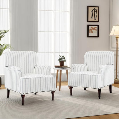 Accent Chair, Mid Century Modern Comfy Armchair for Living Room, Linen Fabric Single Sofa Lounge for Reading Bedroom Apartment Waiting Room with Wood Legs (Pinstripe Light Blue, Set of 1)
