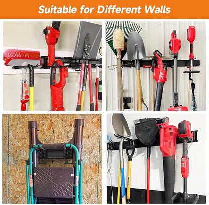Garage Tool Organizer Wall Mount, Heavy Duty 48 Inches Garage Organization and Storage Racks for Yard Tools with 6 Hooks, Tool Hangers Holders for Hanging Folding Chair, Rake and Shovel