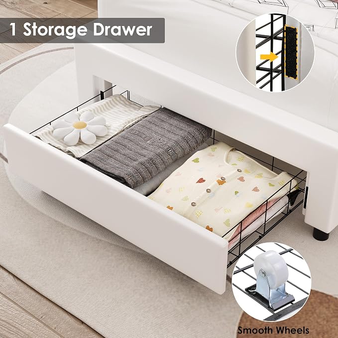 Keyluv Twin Upholstered LED Bed Frame with Storage Drawer, Leather Princess Platform Bed with Adjustable Crystal Button Tufted Crown Headboard, Solid Wooden Slats Support, No Box Spring Needed, White