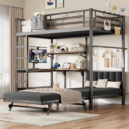 Jocoevol Twin Loft Bed with Mattress, Dual-Access Bed, Pull-Out Folding Bed & L-Shaped Desk, Heavy Duty Metal Bunk Bed Frame with Safety Guardrails, Charging Station & Adjustable Shelves (Dark Black)