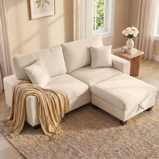 DOPEDIO L-Shaped Sectional Sofa with Storage Ottoman, Modern Chenille Recliner Loveseat, Removable Couch Covers, Pocket Spring Cushions, Solid Wood Frame, Easy to Install (88.58inch, Beige)