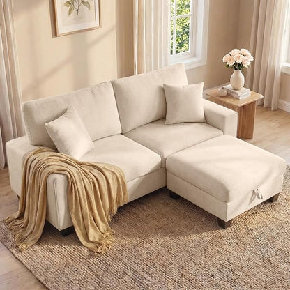 DOPEDIO L-Shaped Sectional Sofa with Storage Ottoman, Modern Chenille Recliner Loveseat, Removable Couch Covers, Pocket Spring Cushions, Solid Wood Frame, Easy to Install (71.25inch, Beige)