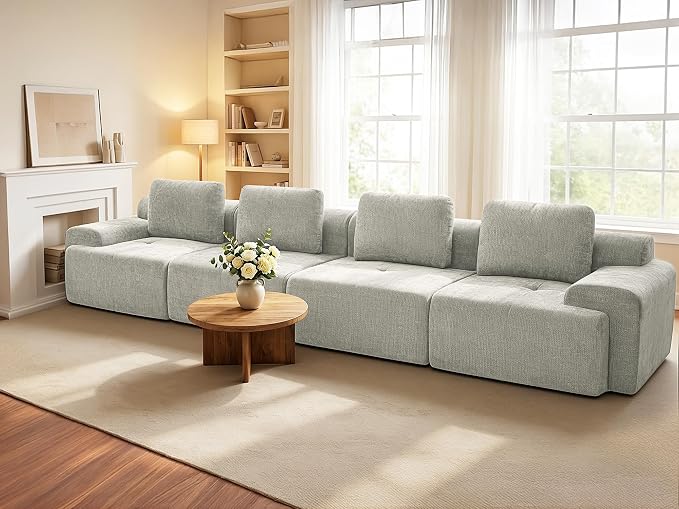 159" Oversized Boneless Couch, Comfort Cloud Sectional Couches for Living Room, Modular Sofa High Back & Extra Deep Seat, No Assembly, Soft Chenille Fabric (Light Grey, 159 inch-（4+0）)