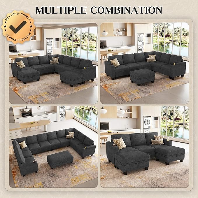 Belffin Modular Sectional Sofa Couch with Storage U Shape Convertible Corner Couches for Living Room Dark Grey Couch