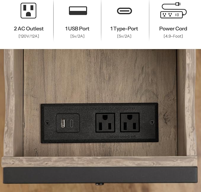 HOOBRO Side Table, Flip End Table with Charging Station and Shelves, USB Ports & Power Outlets, Narrow Nightstand for Small Spaces, Living Room, Stable and Sturdy, Greige and Black BG341BZ01