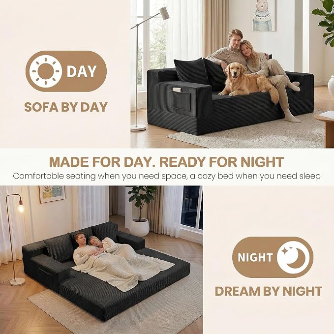 78.5” Convertible Sofa Bed,Corduroy 3 Seater Boneless Couch Bed Futon,Fold Out Couch with 3 Pillows,Loveseat Sleeper with Pull Out Bed for Living Room, Guest,Bedroom,Black