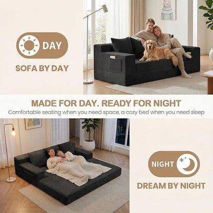78.5” Convertible Sofa Bed,Corduroy 3 Seater Boneless Couch Bed Futon,Fold Out Couch with 3 Pillows,Loveseat Sleeper with Pull Out Bed for Living Room, Guest,Bedroom,Black