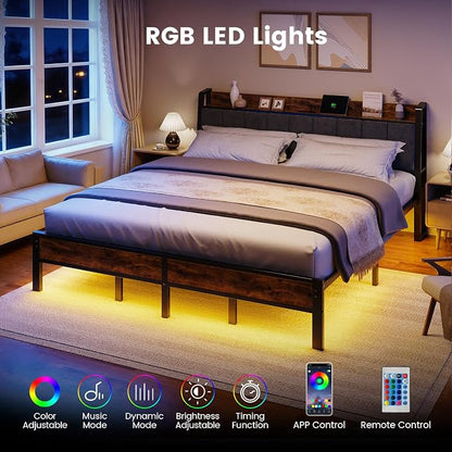 Liians King Size Bed Frame with USB Charging Station, Storage Headboard with Smart LED Lights, Metal Platform Bed Noise Free, No Box Spring Needed, Easy Assembly