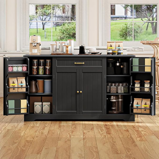Gizoon 56" Kitchen Coffee Bar Cabinet with Storage Kitchen Sideboard Buffet Cabinet with Drawers, Short Pantry with Door and Shelves for Bathroom and Living Room, Black